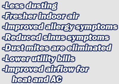 Clean Vents Clean Air Ducts means less dusting, fresher indoor air, improved allergy symptoms, reduced sinus symptoms dust mites eliminated lower utility bills and improved airflow for heat and air conditioning